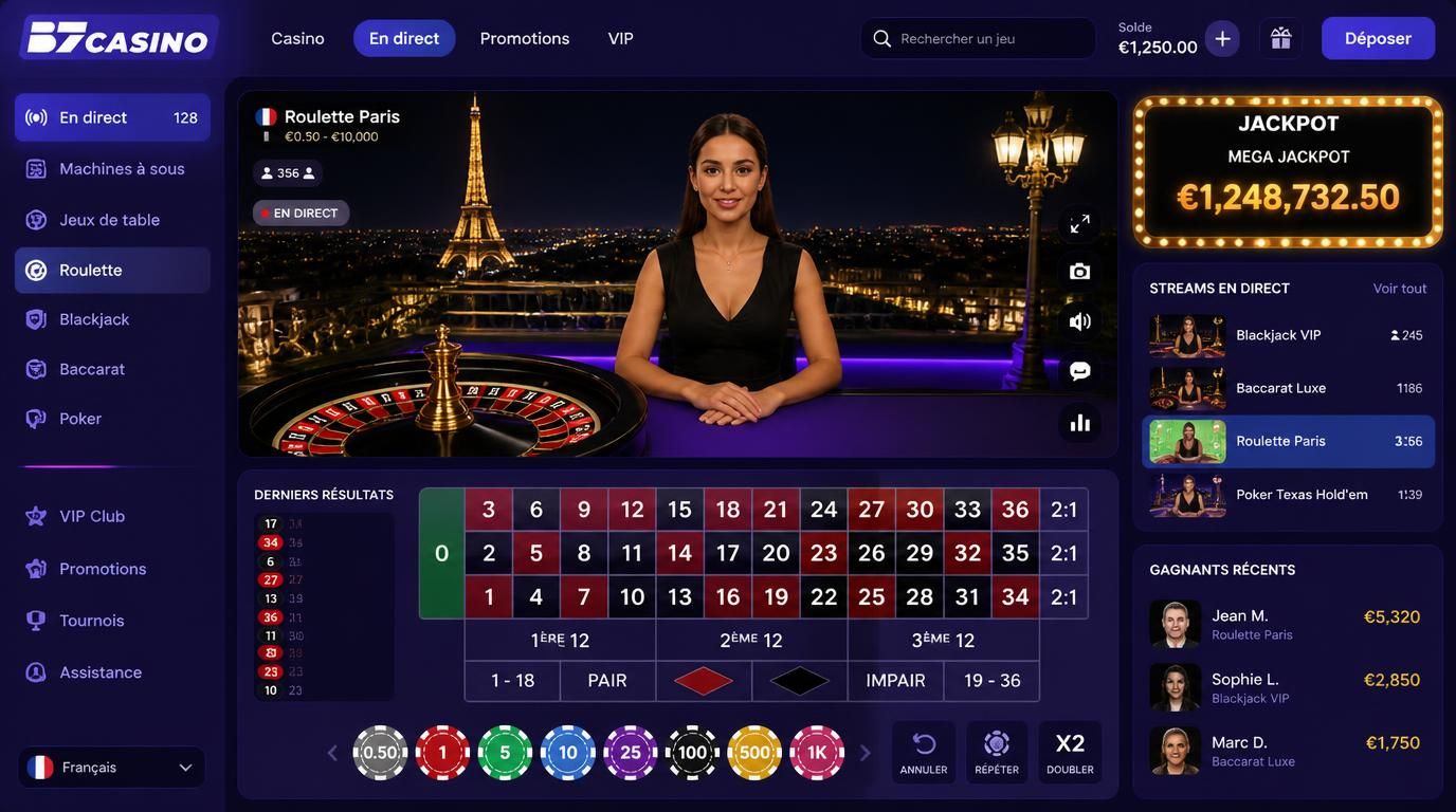 Table de roulette en direct avec streaming et ambiance de jackpot lumineux