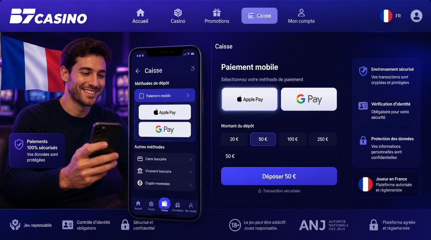 Un joueur utilise Apple Pay/Google Pay avec symboles juridiques visibles