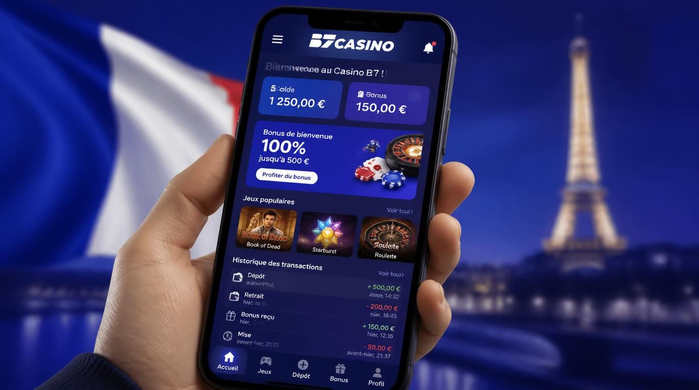 Interface mobile du Casino B7 avec solde, bonus et historique